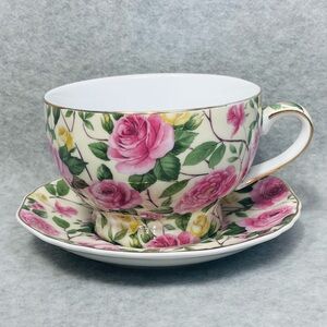 A Special Place Rose Cup and Saucer All‎ Over Print Gold Trim Brim Handle 2003